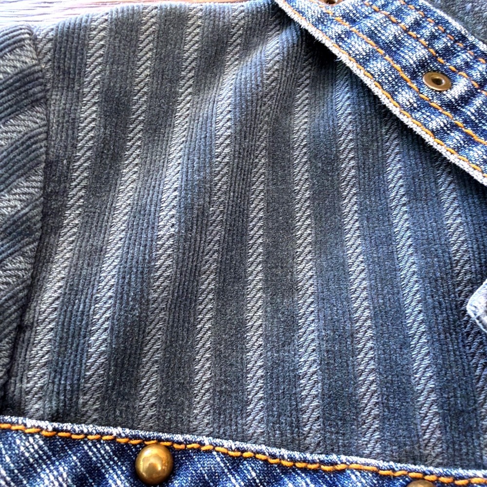 Shufa Blue Denim Striped Corduroy Studded Hooded Short Sleeve Jacket Size 42 - Picture 8 of 16